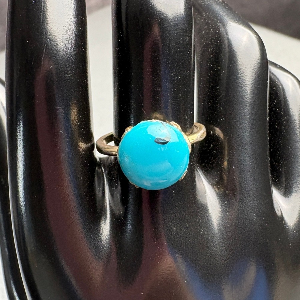 Vintage Gold Tone Turquoise Cabochon Ring Round Blue Stone Size 7 Statement